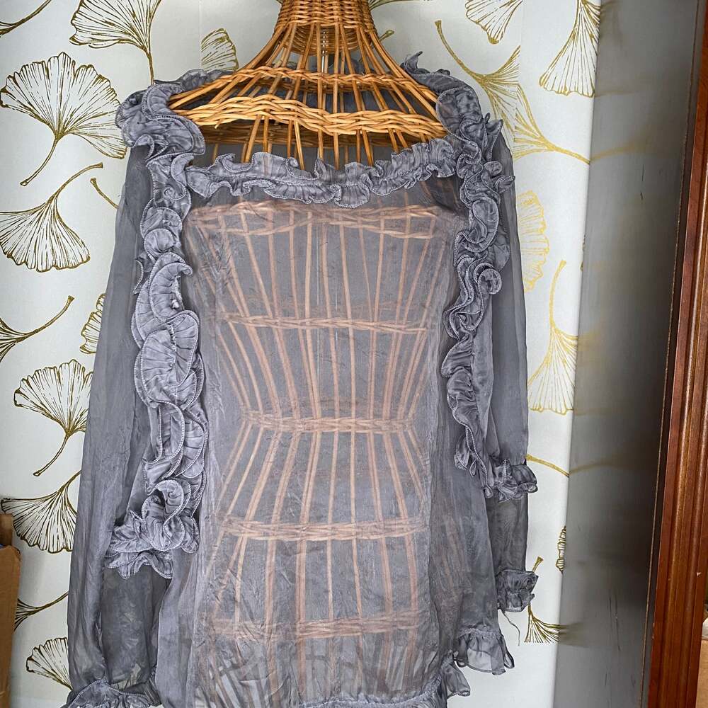 Grey Ruffle Blouse with Ruffled Collar
